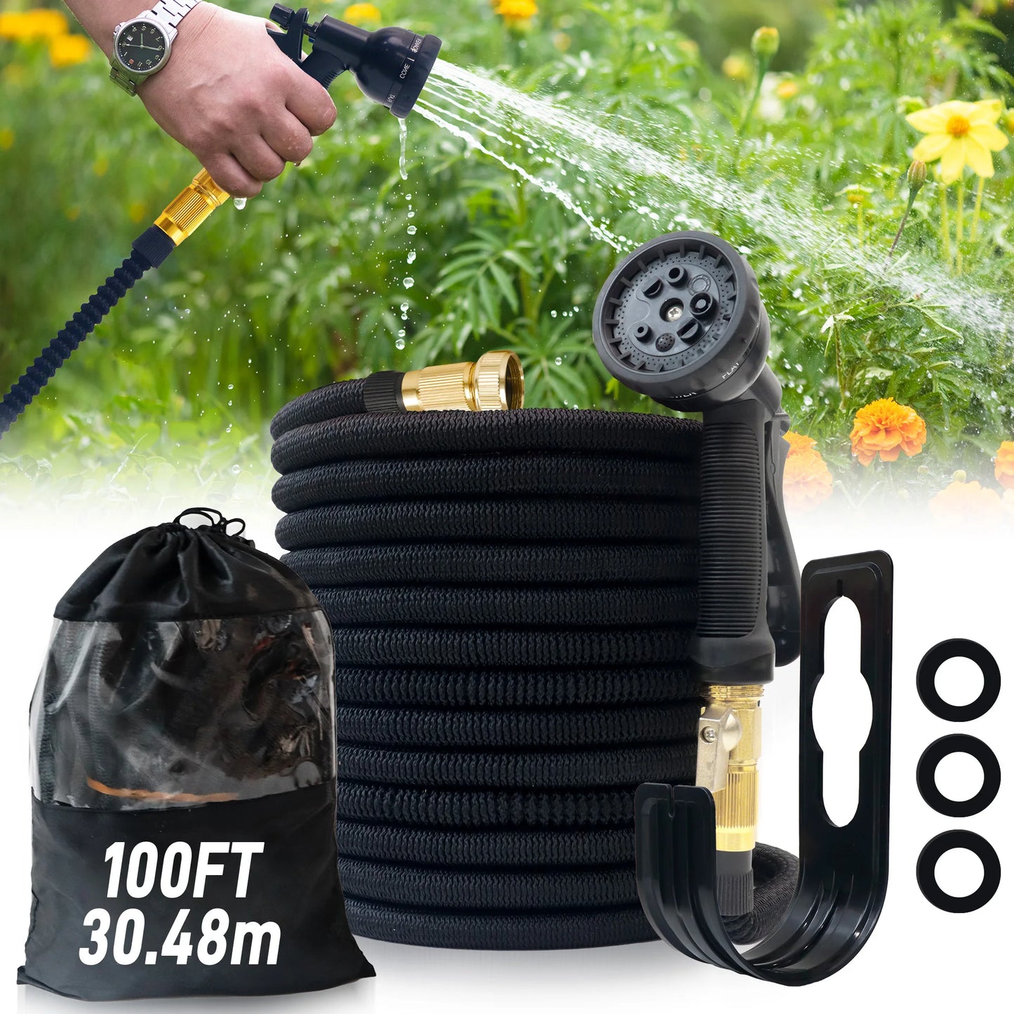 100ft Expandable Garden Hose With Nozzle Outdoor Watering