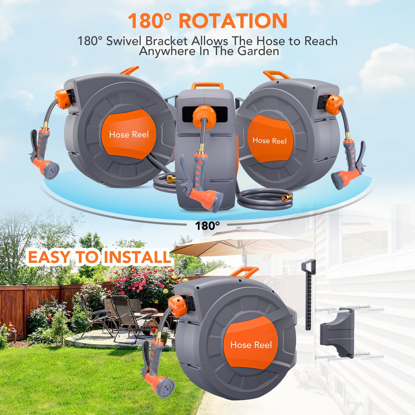 Retractable Garden Hose Reel - 1/2 in Wall Mount