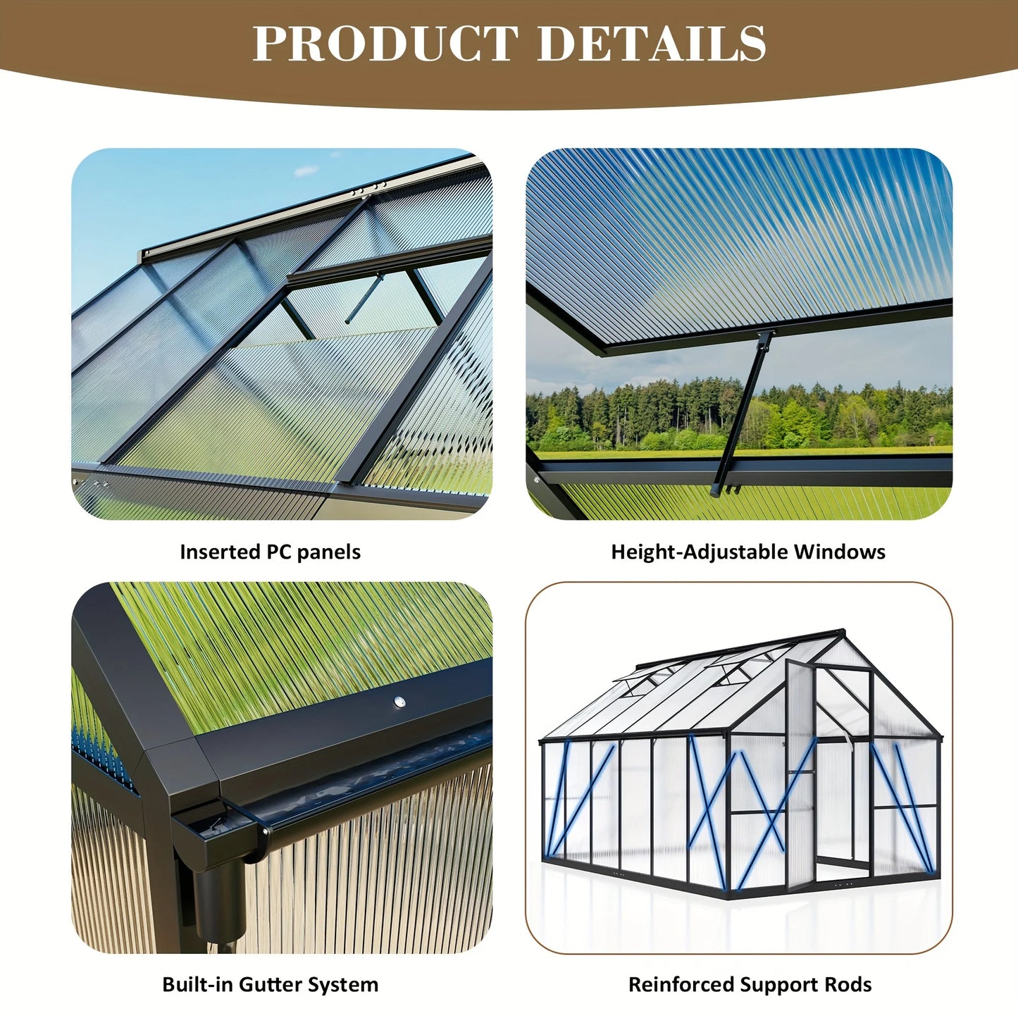 4x6FT Polycarbonate Greenhouse, PC Panels & Aluminum Frame