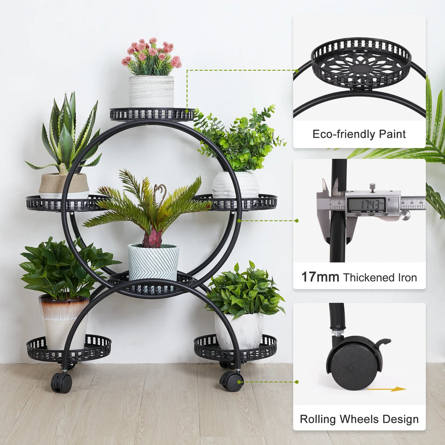 Rolling Metal Plant Stand Flower Storage Shelf