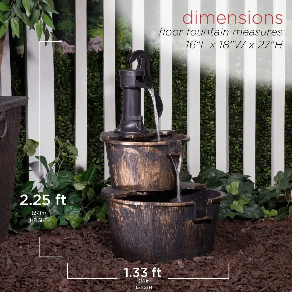 Outdoor Rustic 2-Tiered Barrel and Pump Water Fountain