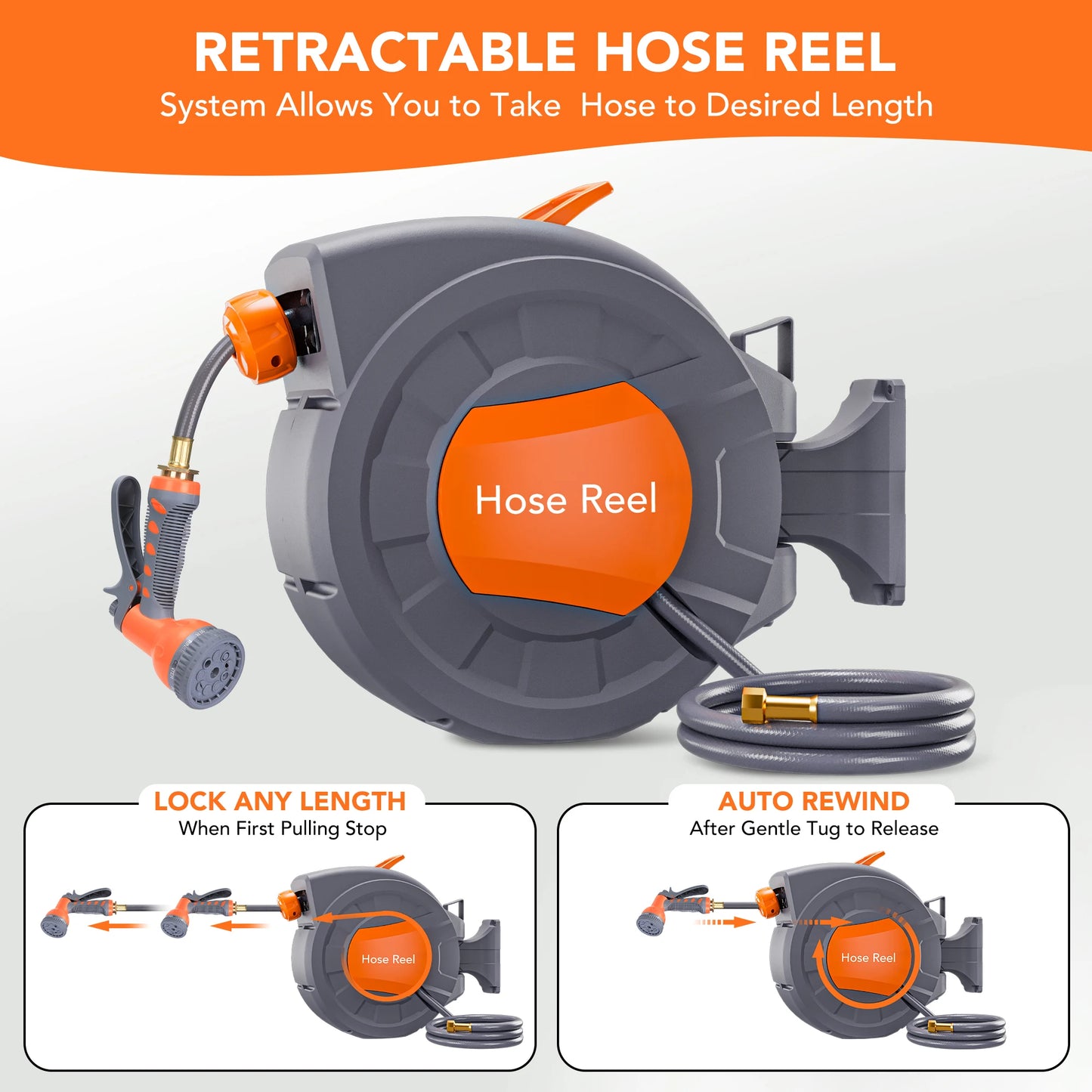 Retractable Garden Hose Reel - 1/2 in Wall Mount