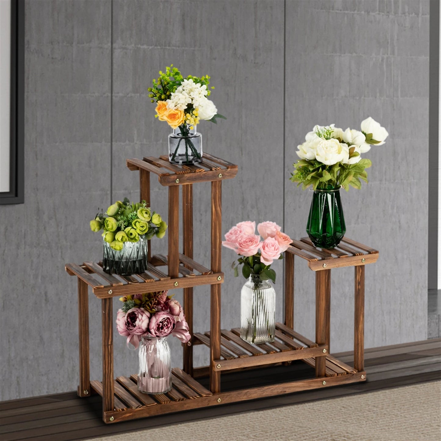 4-Story 7-Seat Carbonized Wood Plant Stand