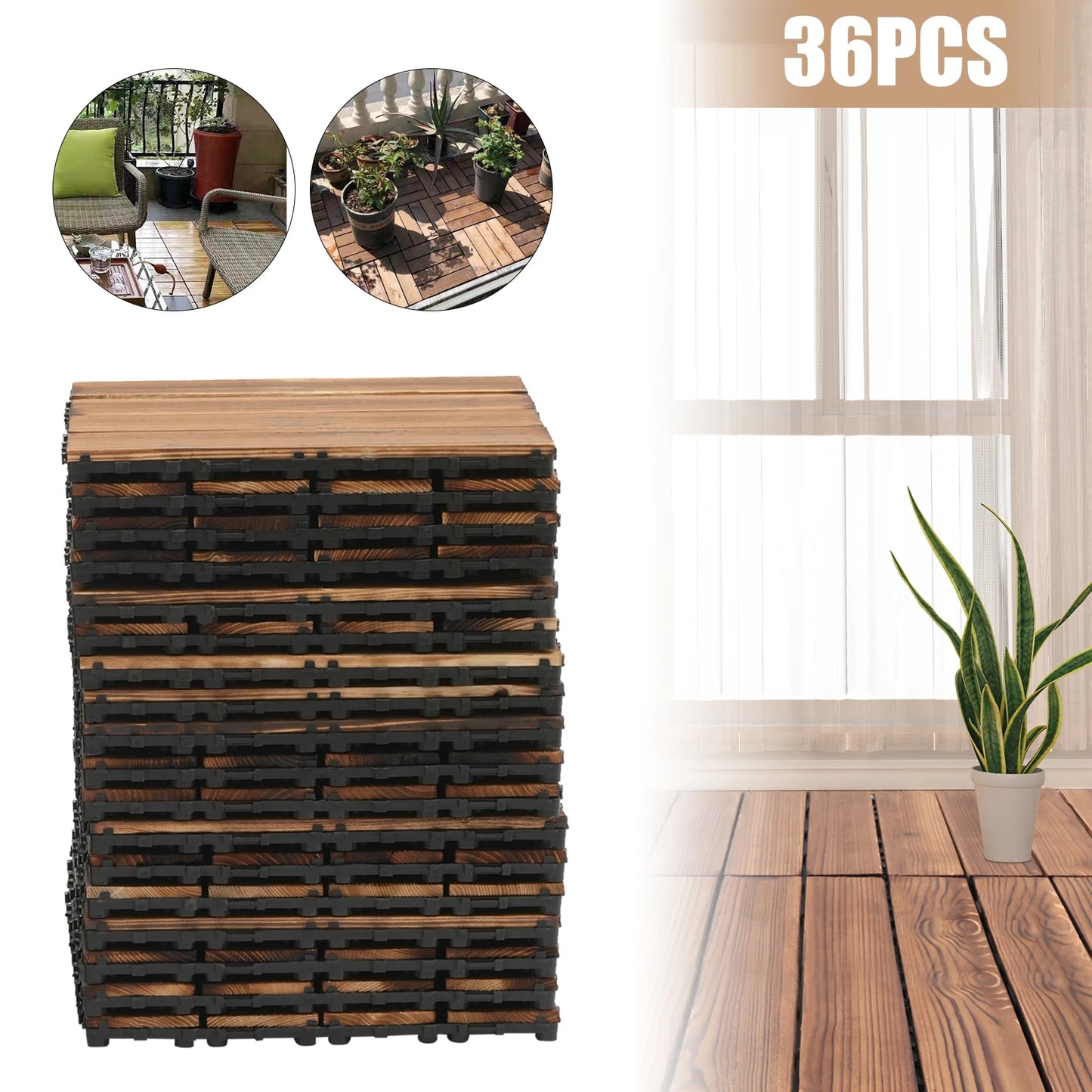 36 Pack Hardwood Patio Deck Flooring Tile 12" × 12"