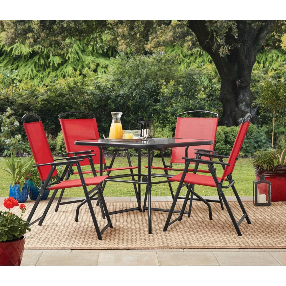 5 Piece Outdoor Dining Set Table and Folding Chairs Weather Resistant Sling Fabric Tempered Glass Umbrella Hole Patio Garden