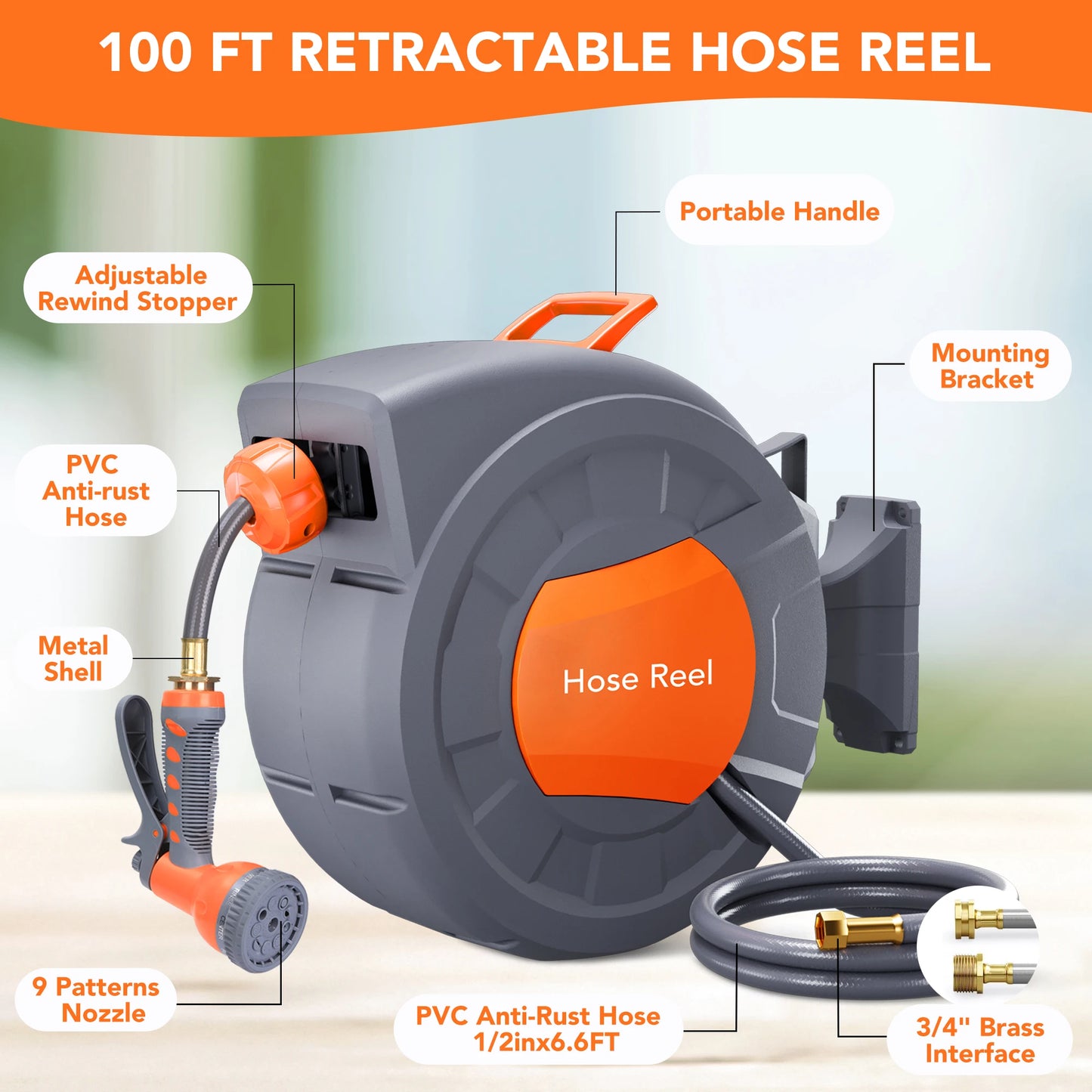 Retractable Garden Hose Reel - 1/2 in Wall Mount