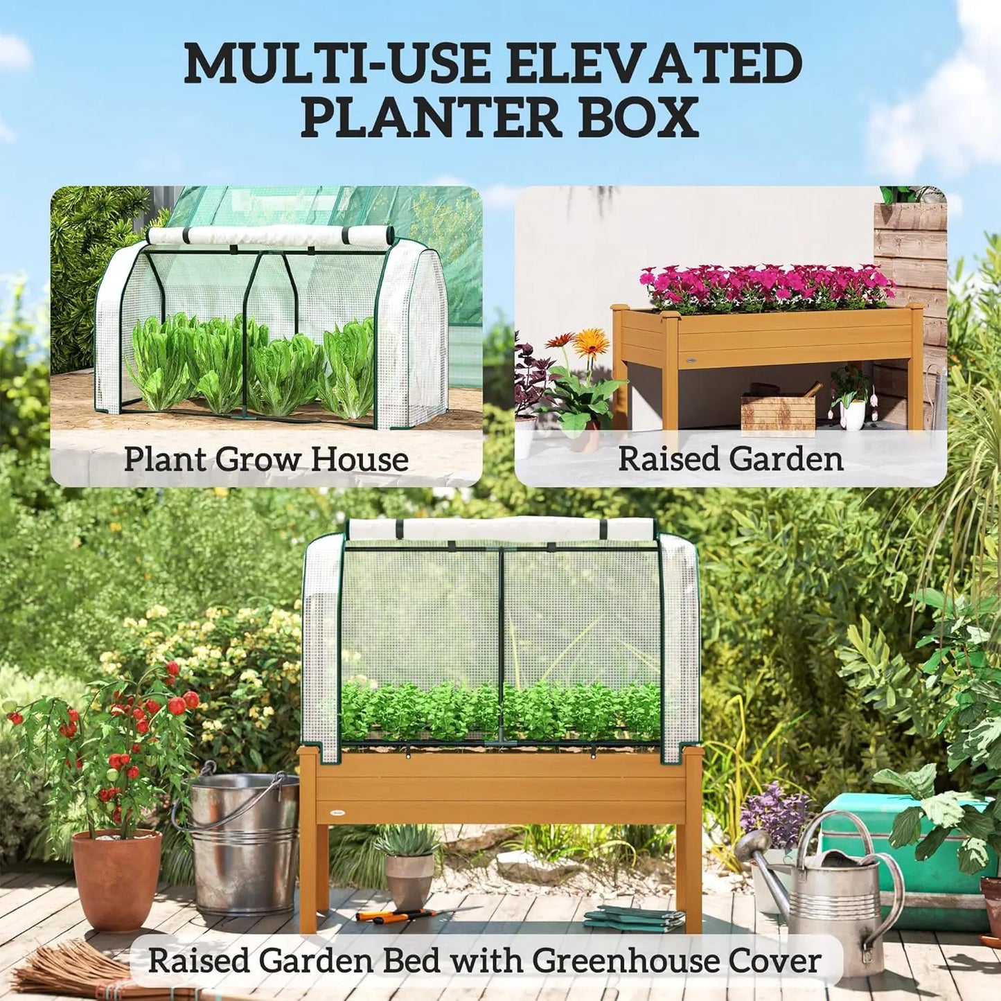 Raised Garden Bed with PE Greenhouse Cover Outdoor