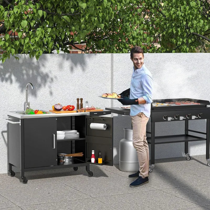 Outdoor Grill Table with Sink, Metal Grill Cart,