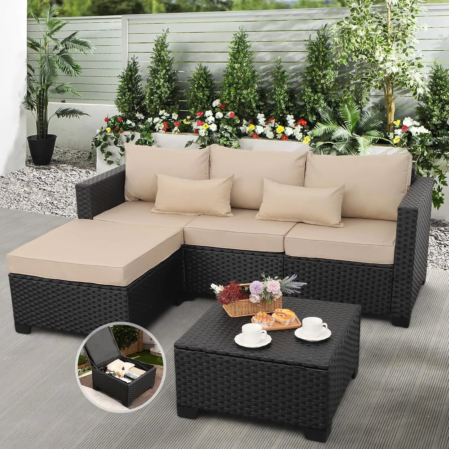 3 Piece Outdoor Sectional Couch with Storage Coffee Table
