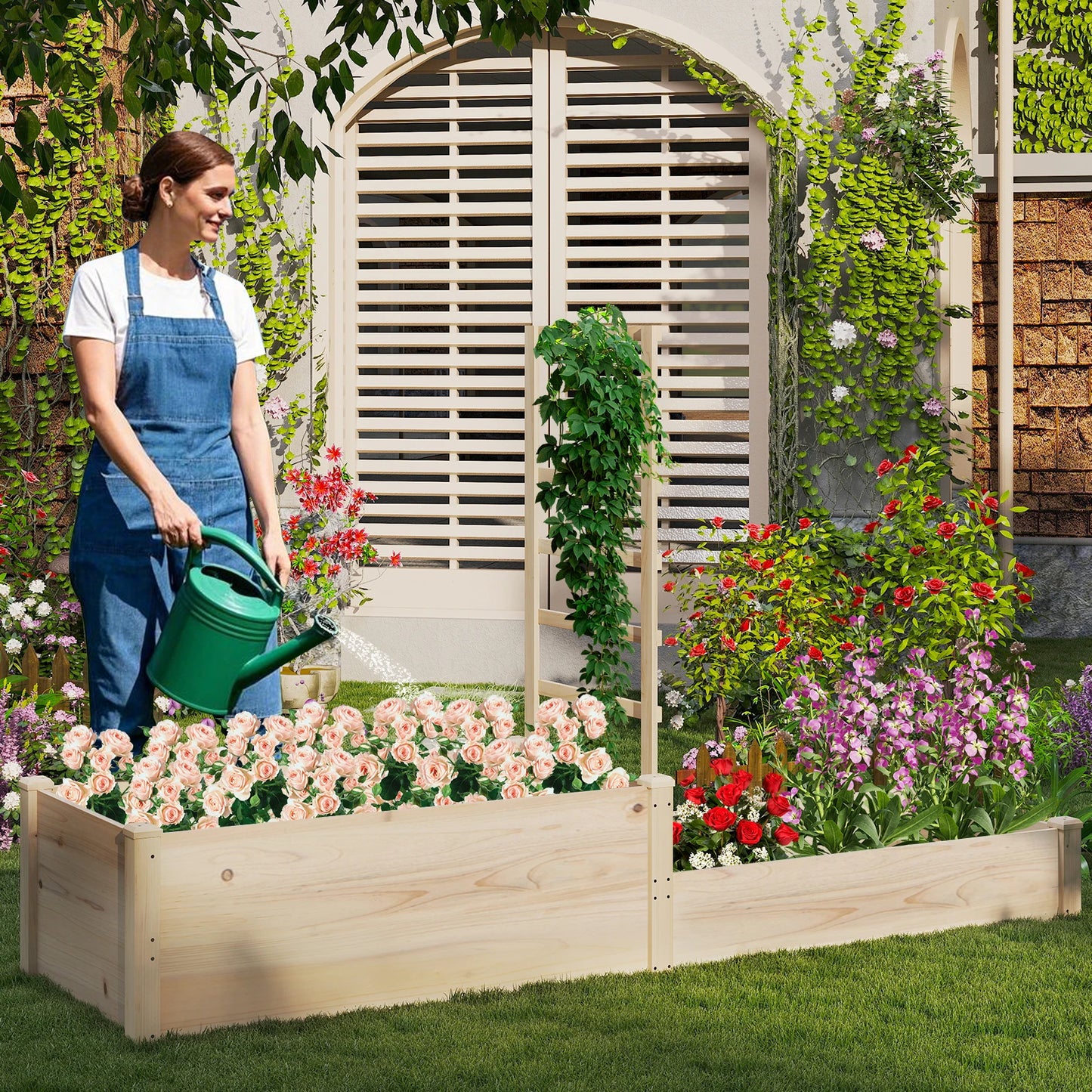 87" Raised Garden Bed w/ Trellis 2 Planter Boxes Open-ended Base