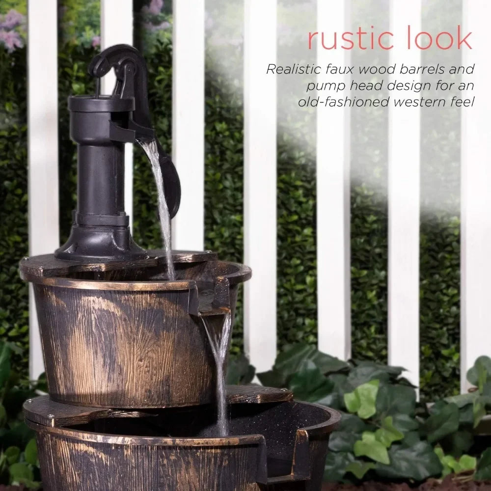 Outdoor Rustic 2-Tiered Barrel and Pump Water Fountain