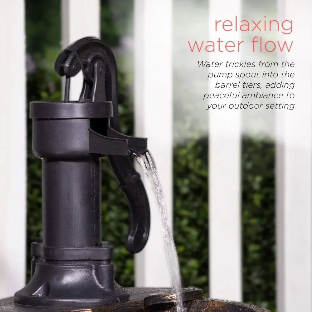 Outdoor Rustic 2-Tiered Barrel and Pump Water Fountain