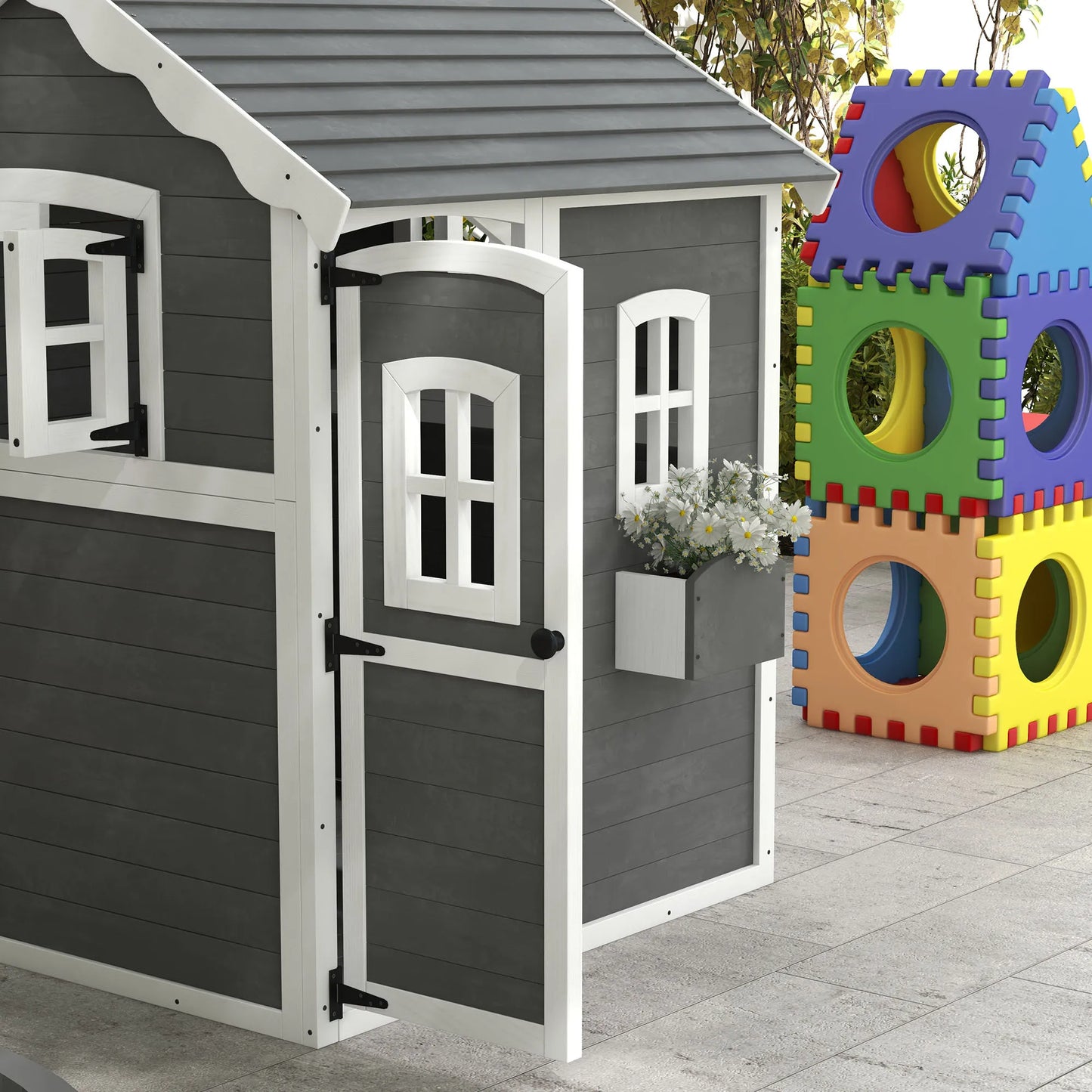 Playhouse for Kids, Outdoor Wooden Playhouse for 3-8 Year Olds