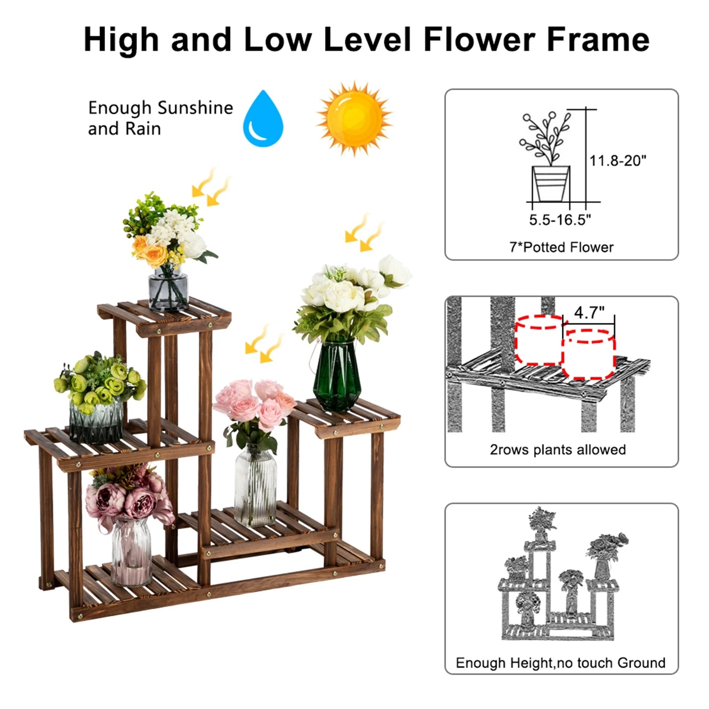 4-Story 7-Seat Carbonized Wood Plant Stand