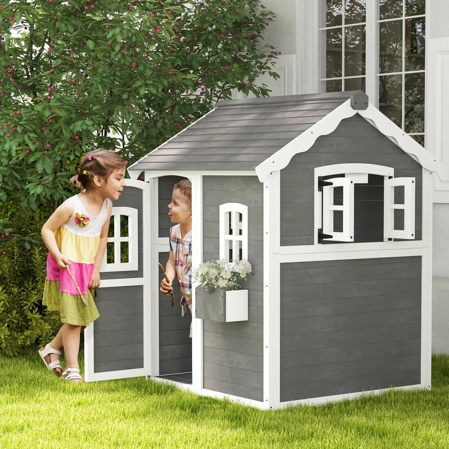 Playhouse for Kids, Outdoor Wooden Playhouse for 3-8 Year Olds
