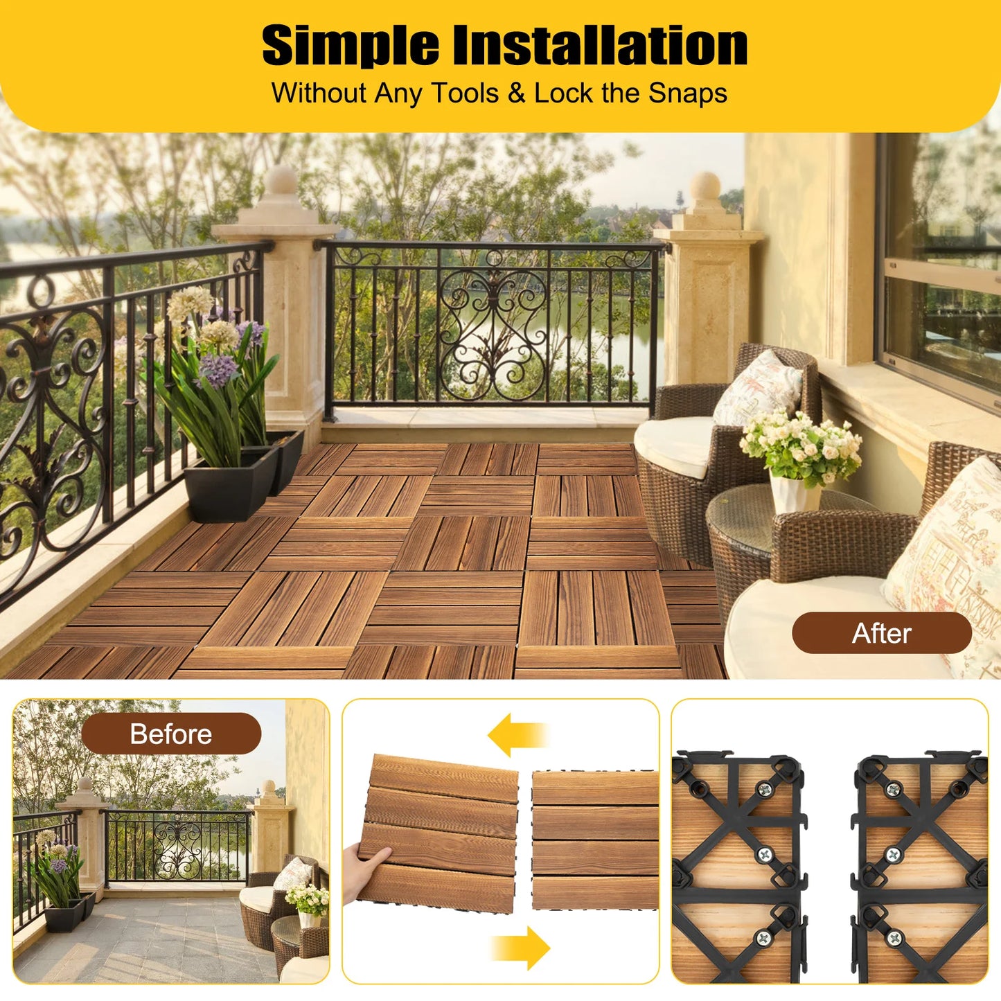 36 Pack Hardwood Patio Deck Flooring Tile 12" × 12"