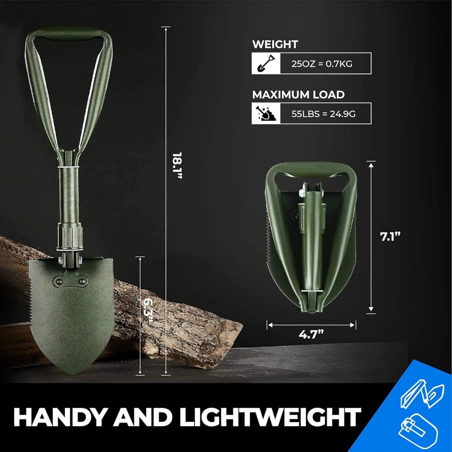 18'' Military Folding Camping Shovel, Offroad Survival High Carbon Steel Shovel (Olive) by toolant