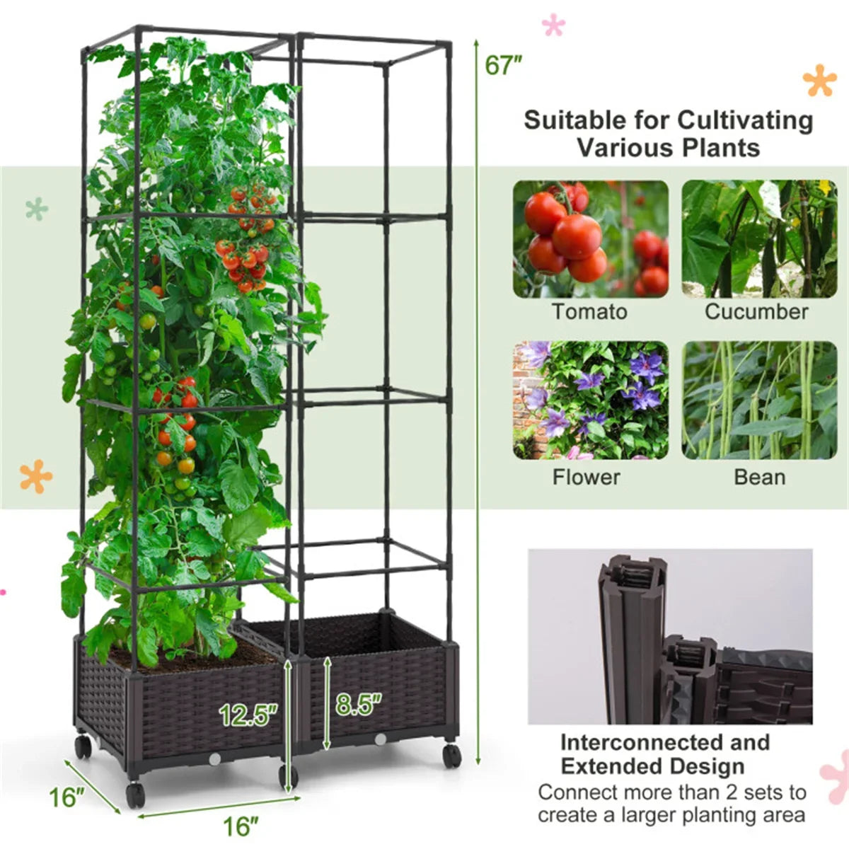 67 inch garden bed with trellis, with Self-Watering System