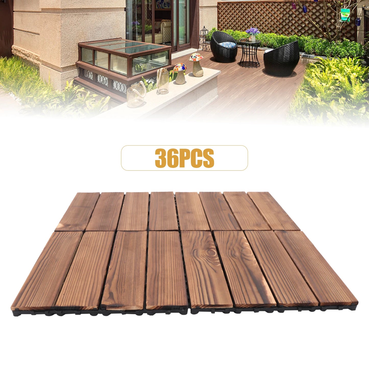 36 Pack Hardwood Patio Deck Flooring Tile 12" × 12"