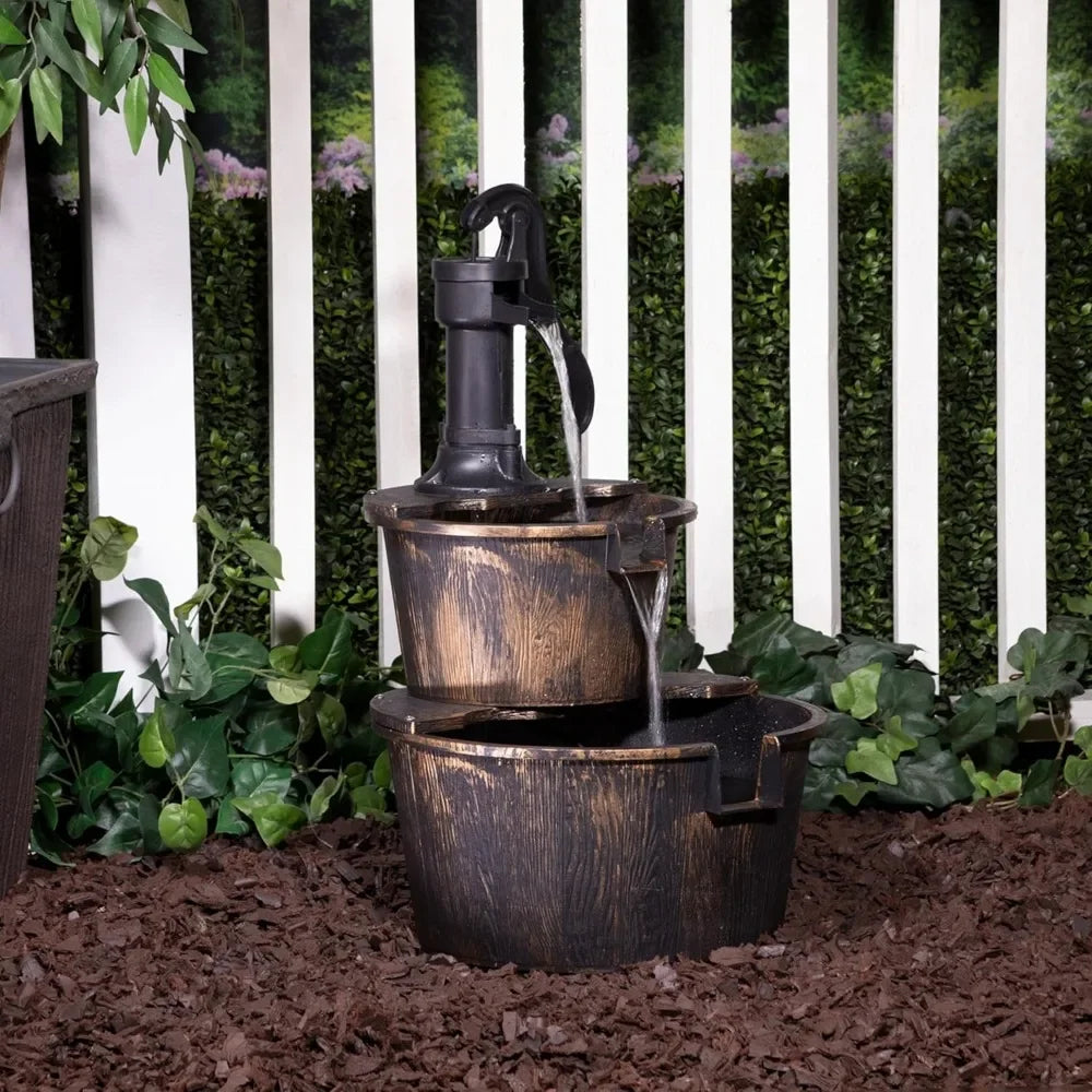 Outdoor Rustic 2-Tiered Barrel and Pump Water Fountain