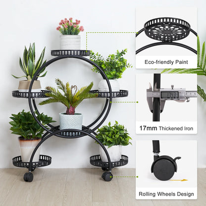 Rolling Metal Plant Stand Flower Storage Shelf