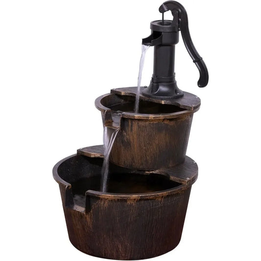 Outdoor Rustic 2-Tiered Barrel and Pump Water Fountain