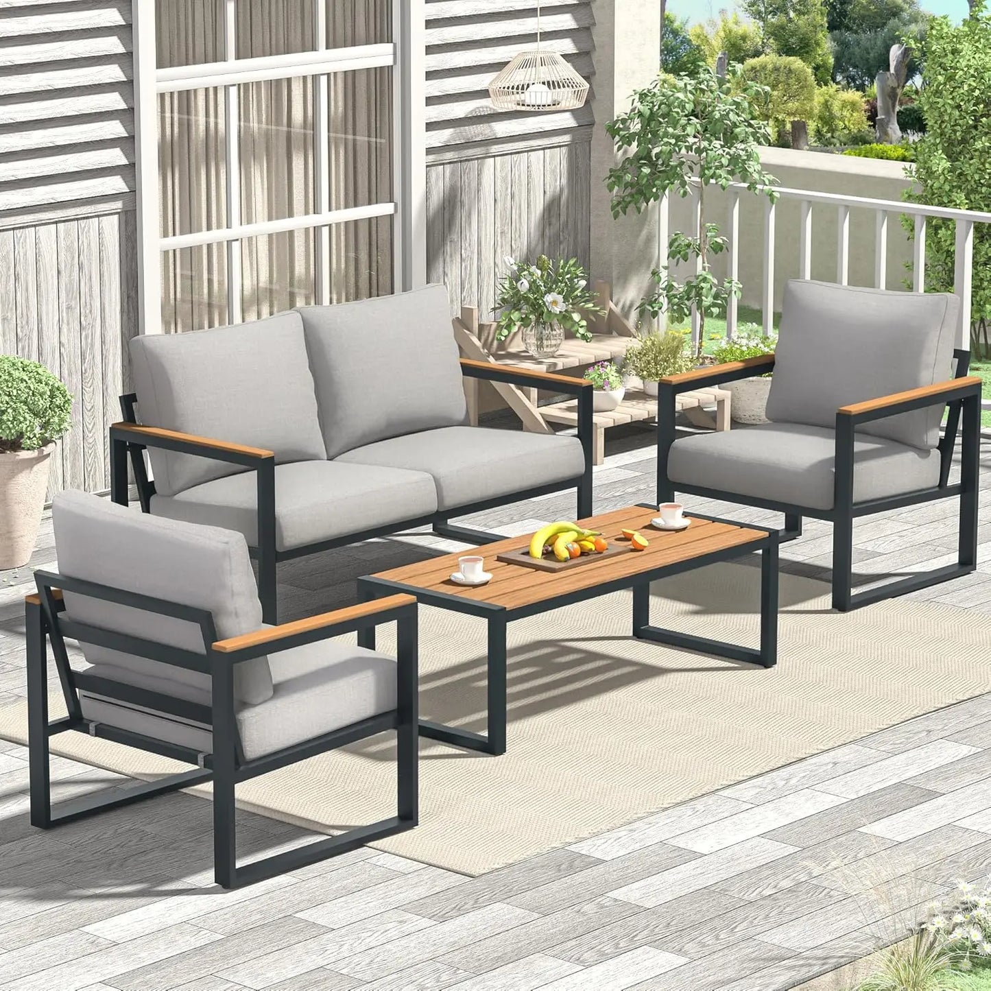 4 Pieces Outdoor Patio Furniture with Coffee Table Set