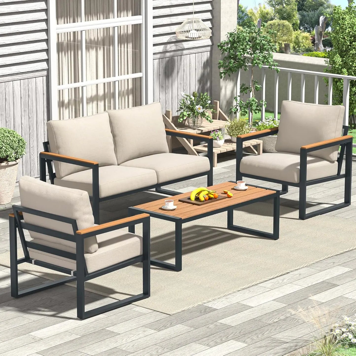 4 Pieces Outdoor Patio Furniture with Coffee Table Set
