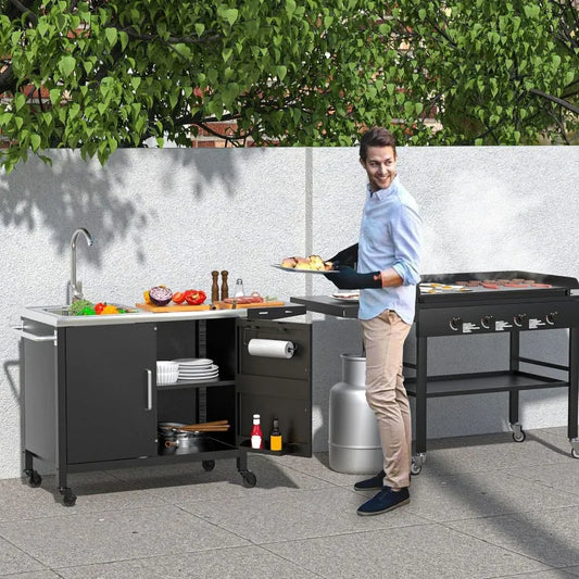 Outdoor Grill Table with Sink, Metal Grill Cart,