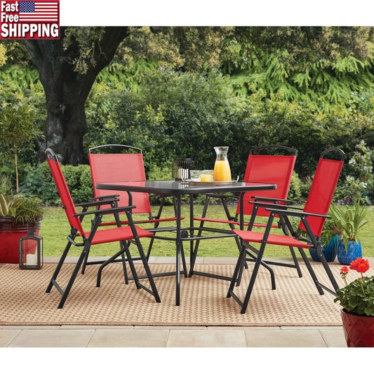5 Piece Outdoor Dining Set Table and Folding Chairs Weather Resistant Sling Fabric Tempered Glass Umbrella Hole Patio Garden
