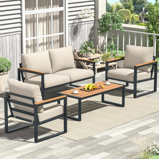 4 Pieces Outdoor Patio Furniture with Coffee Table Set