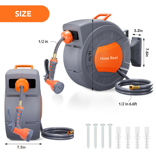 Retractable Garden Hose Reel - 1/2 in Wall Mount