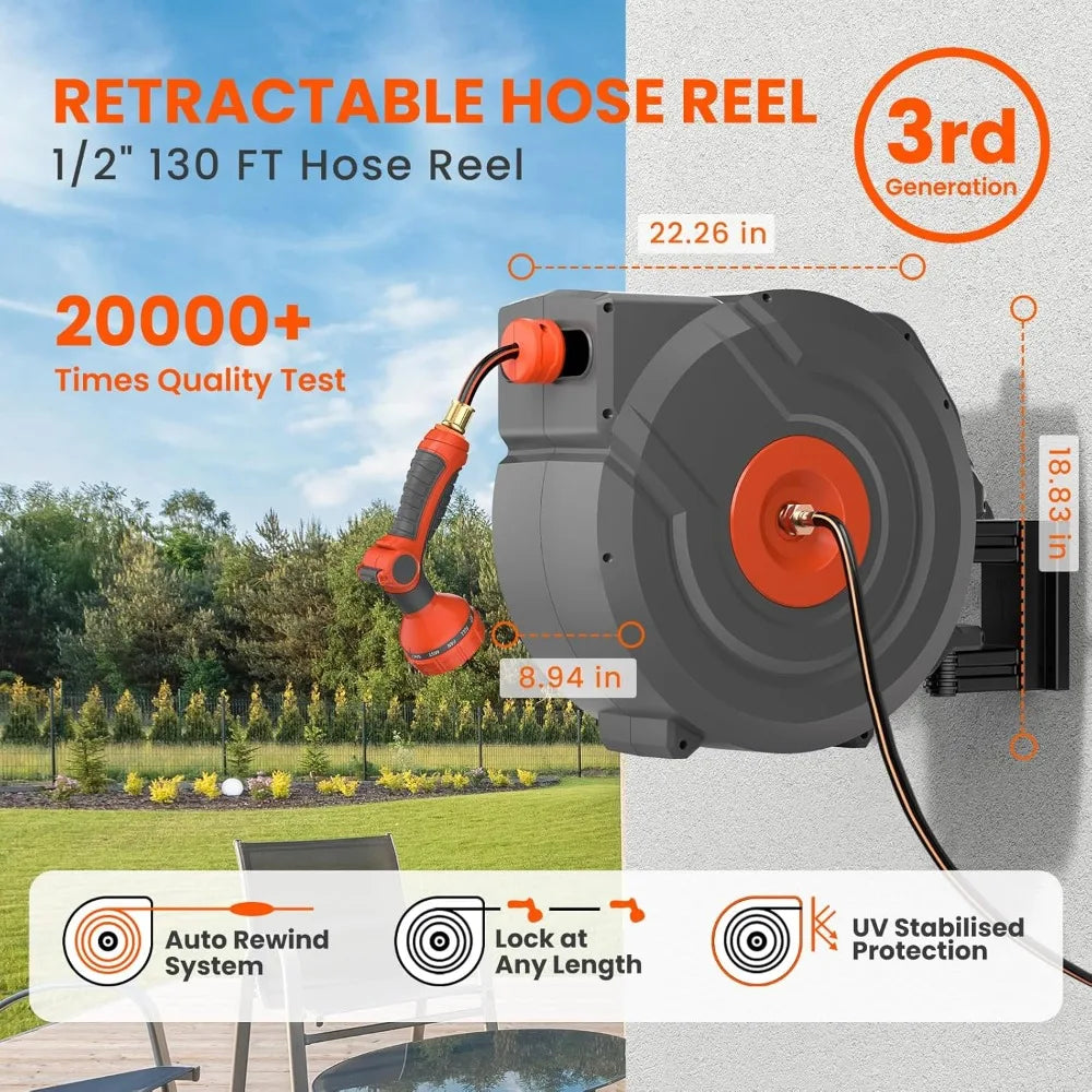 3rd Generation Retractable Garden Hose 130 ft x 1/2 inch Heavy Duty